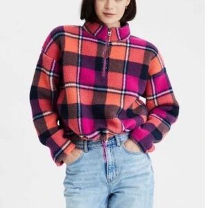 AMERICAN EAGLE Plaid Oversized Fuzzy Sherpa Crop Jacket Quarter Zip Size Medium